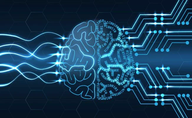 Dark blue abstract background. The anatomy of a human brain is represented in the middle of the image. The brain is processing infos that are entering inside out like network signals.