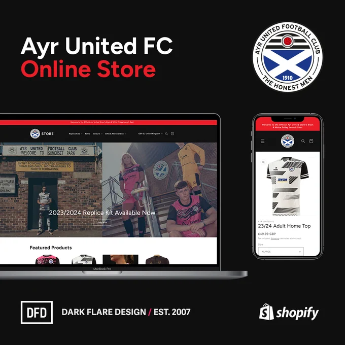Screenshot of the website hosted at https://store.ayrunitedfc.co.uk/ — created by Dark Flare Design and hosted on the Shopify ecommerce platform.