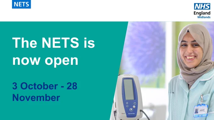 Advert for the NETS survey.
Text reads: The NETS is open now. 3 October – 28 November.
Picture of a nursing student.

