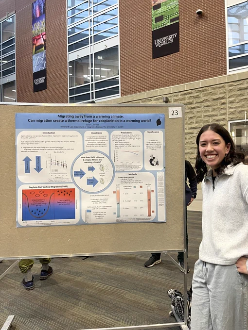 A photo of Sara Janisse next to her poster " Migrating away from a warming climate: Can migration create a thermal refuge for zooplankton in a warming world?"