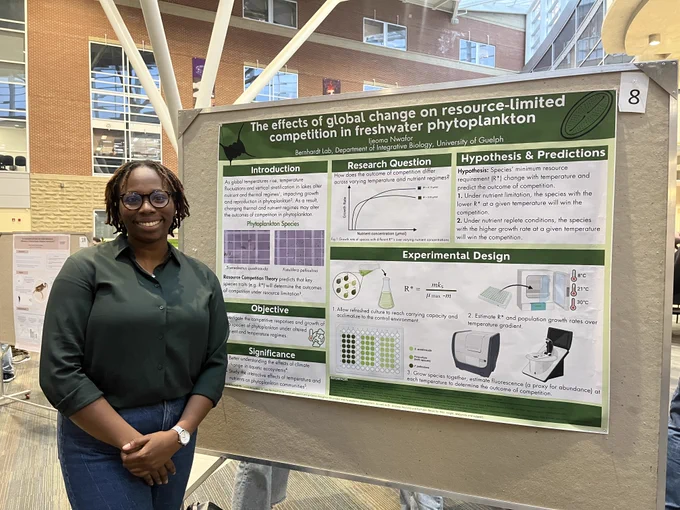Photo of Ijeoma Nwafor next to her poster " The effects of global change on resource-limited competition in freshwater phytoplankton"