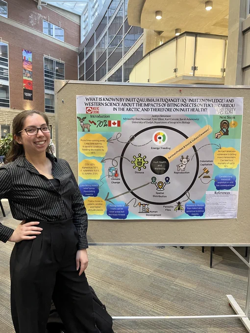 Photo of Jacklyn Simonson next to her poster " What is known by Inuit  Qaujimajatuqangit (Iq/ Inuit Knowledge) and western science about the impacts of biting insects on Tuktu/Caribou in the Arctic and therefor on Inuit health?"