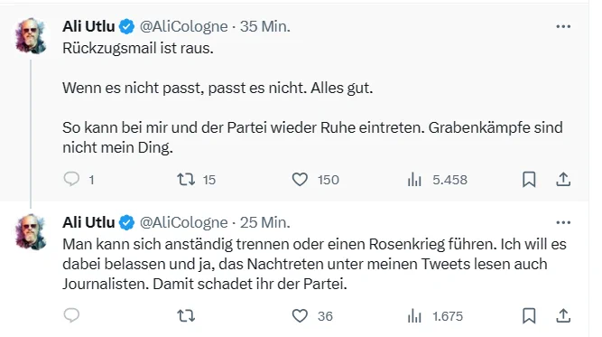 "Rückzugsmail ist raus. 

Wenn es nicht passt, passt es nicht. Alles gut.

So kann bei mir und der Partei wieder Ruhe eintreten. Grabenkämpfe sind nicht mein Ding.

Man kann sich anständig trennen oder einen Rosenkrieg führen. Ich will es dabei belassen und ja, das Nachtreten unter meinen Tweets lesen auch Journalisten. Damit schadet ihr der Partei."