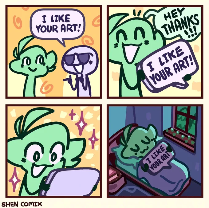 a short drawing comic which indicates the gratitude of an artist upon receiving a compliment on their art