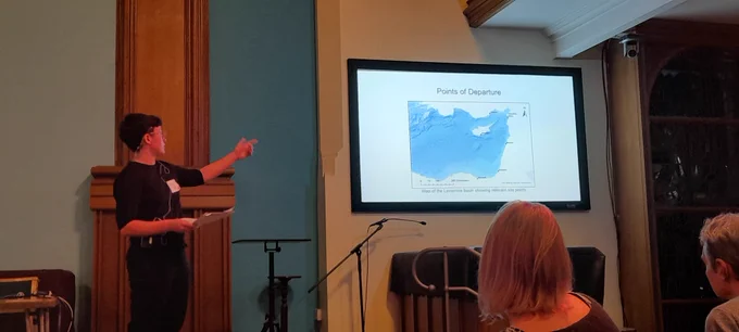 Celia Prescott, HFF scholar, presenting research into spatio-temporal modelling of maritime connectivity in the ancient Levantine basin