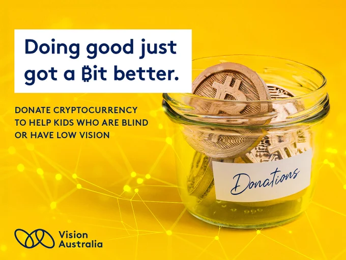 A jar of bitcoins next to text reading Doing good just got a Bit better.