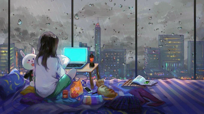 A drawing of a girl sitting at her bed with her laptop, rain pouring down the window in front of her