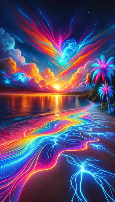 A serene beach at sunset, blending 1960s psychedelic colors with futuristic 2050 elements. Features include a bio-luminescent ocean, advanced bio-engineered palm trees, and dynamic, multi-dimensional cloud formations, creating a surreal and captivating scene.