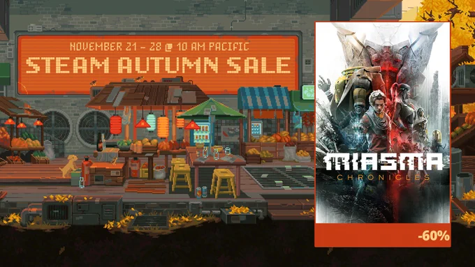 An image depicting the Steam Autumn Sale with Miasma Chronicles. Save 60% this weekend.