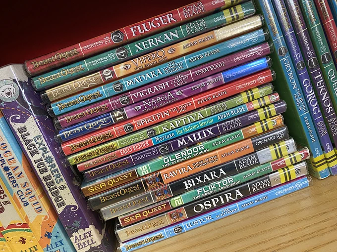 A whole stack of BeastQuest books by Adam Blade on the children’s library shelves.