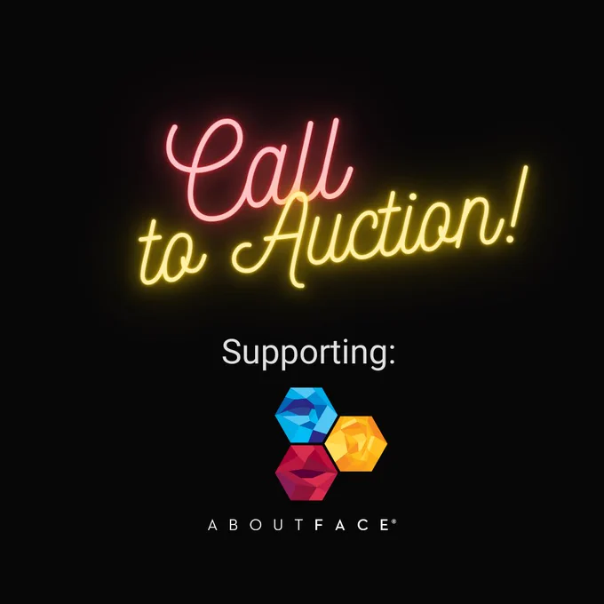 black background with neon sign font that reads 'call to auction". The AboutFace logo is below. 