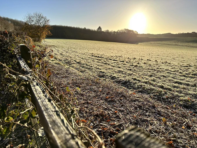 View over a frosty field