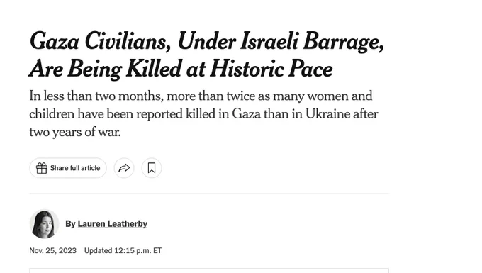 Headline: Gaza Civilians, Under Israeli Barrage, Are Being Killed at Historic Pace
In less than two months, more than twice as many women and children have been reported killed in Gaza than in Ukraine after two years of war.