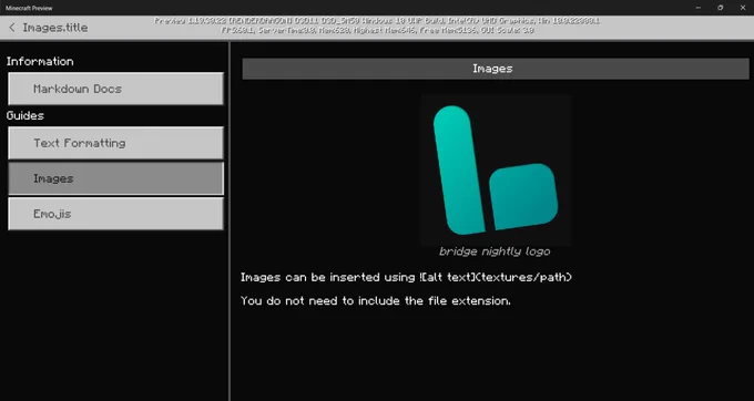 Screenshot of Minecraft's "How To Play" screen with the rendered Markdown file