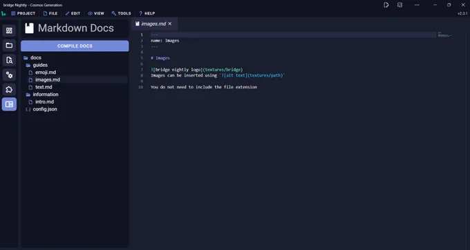 Screenshot of bridge. showcasing the new sidebar for "Markdown Docs" and an open markdown file.