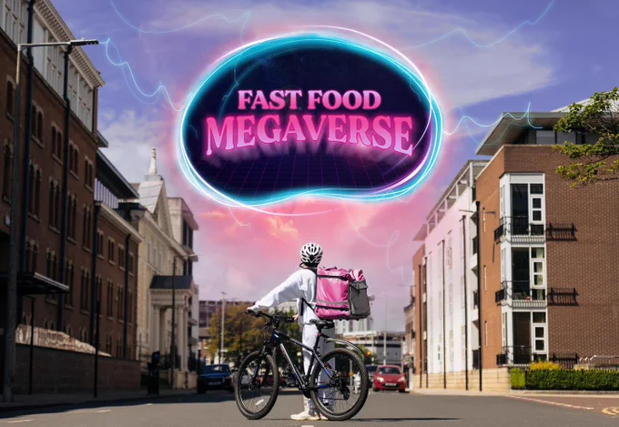A takeaway delivery rider with a bike looks up at a portal in a pink sky. In the portal are the words Fast Food Megaverse