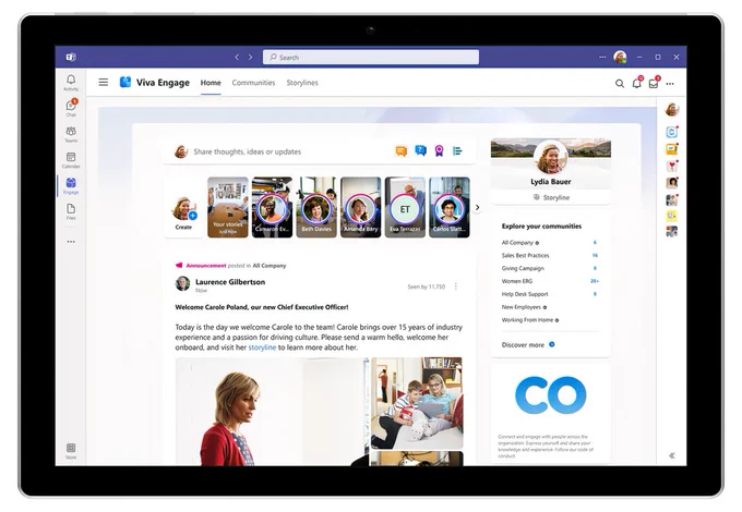 Microsoft Viva Engage has a personalized Home with a feed of conversations and activity based off your communities, behavior and interests, and learns over time to increase relevance and drive engagement.