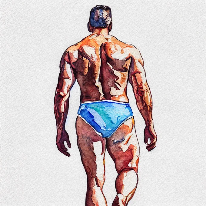 Prompt: muscular daddy in pink speedo, soft watercolor pastels, 2xist, light blue background
