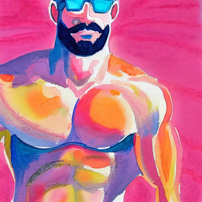 Prompt: muscular daddy in pink speedo, soft watercolor pastels, 2xist, light blue background