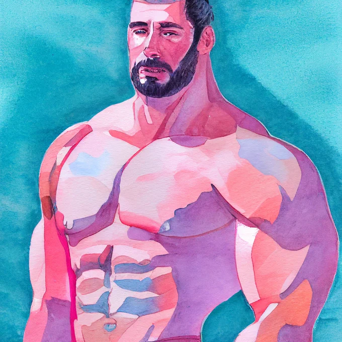 Prompt: muscular daddy in pink speedo, soft watercolor pastels, 2xist, light blue background
