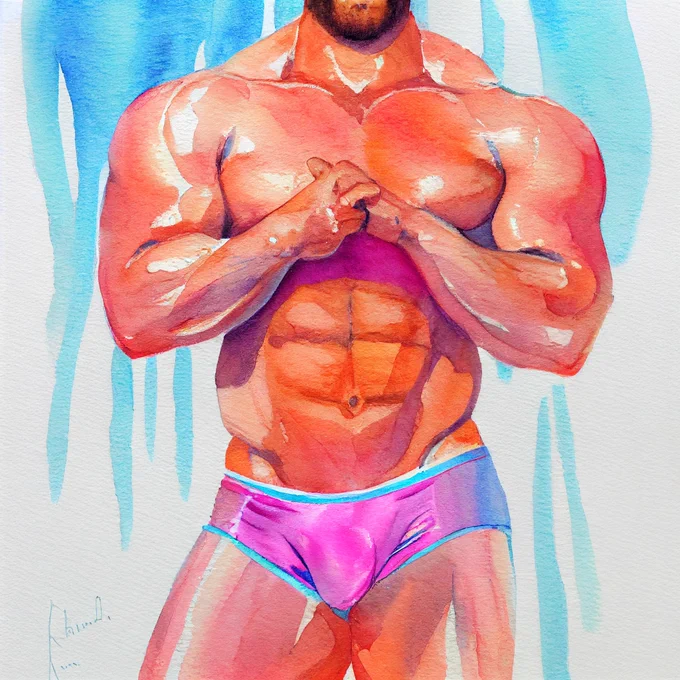 Prompt: muscular daddy in pink speedo, soft watercolor pastels, 2xist, light blue background