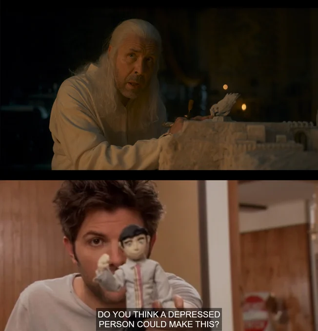 Viserys Targaryen with his model of Valyria, above, and Ben Wyatt with his stop motion figure, below, saying 'do you think a depressed person could make this?'