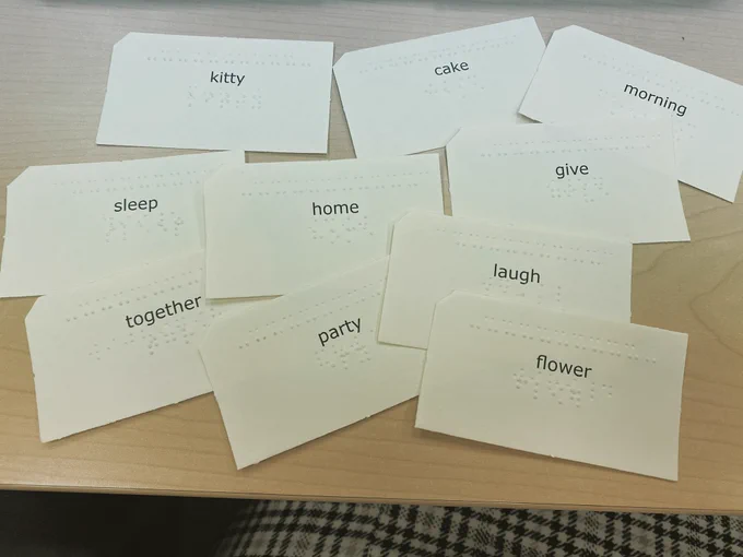 Scattered cards in print and braille read: kitty, sleep, together, party, home, laugh, flower, give, cake, morning