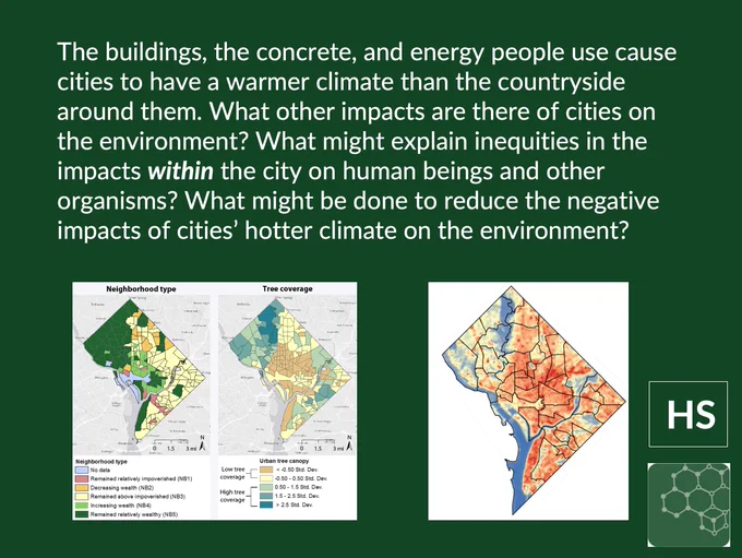 Screenshot of slide 18 in linked PowerPoint here: https://stemteachingtools.org/pd/sessionh

The text says: The buildings, the concrete, and energy people use cause cities to have a warmer climate than the countryside around them. What other impacts are there of cities on the environment? What might explain inequities in the impacts within the city on human beings and other organisms? What might be done to reduce the negative impacts of cities’ hotter climate on the environment? 

Below the text are GIS maps showing data patterns related to neighborhood heat as it relates to tree cover. 