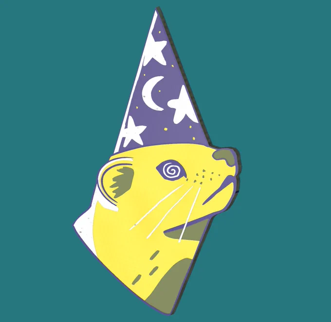 A printed circuit board art piece. It is an illustration of a weasel with a wizard hard. The weasel's fur is exposed copper, while the hat and outlines use purple soldermask. White silkscreen is used for accents, such as stars on the hat and whiskers.