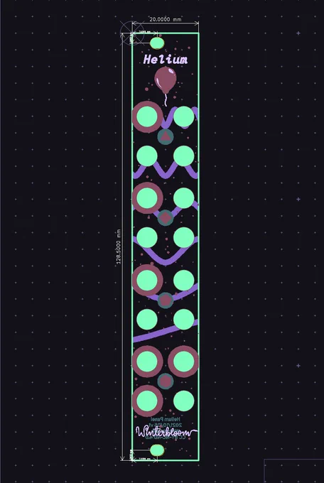 A picture of KiCAD's PCBNew tool showing the design for a front panel. The panel has several drill holes indicated in green. It uses the silkscreen layer for text, and exposed copper for an illustration of a baloon.