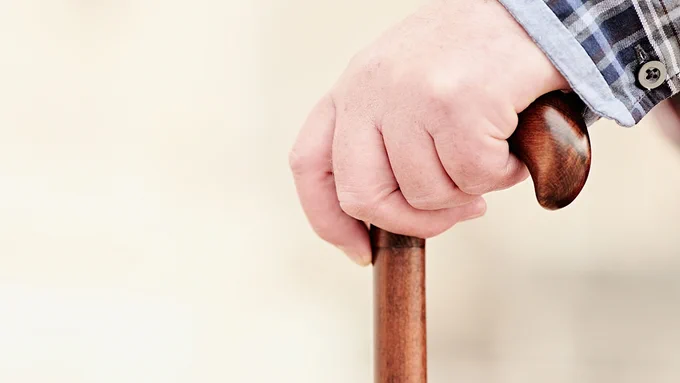 Close up of a hand holding a walking stick