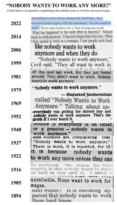 Collection of news clippings going back to 1894 claiming 'nobody wants to work anymore'