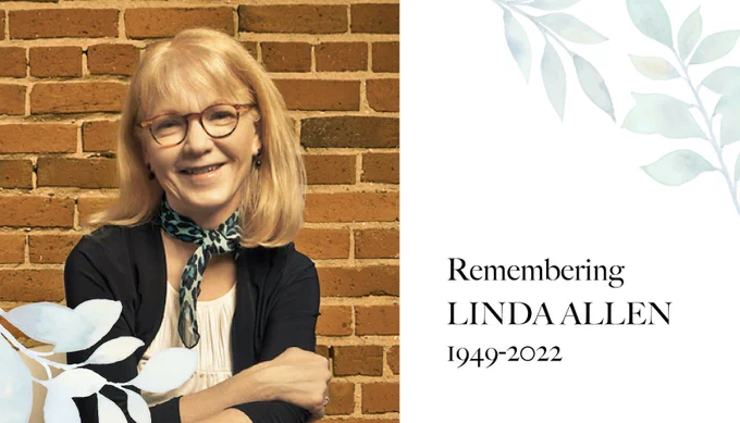 A photo of CitySpaces Co-founder Linda Allen smiling. Next to her text reads: Remembering Linda Allen, 1942 to 2022.