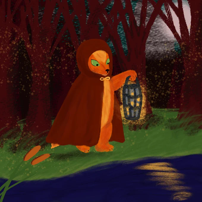 A mysterious fox walking through the woods with a lantern