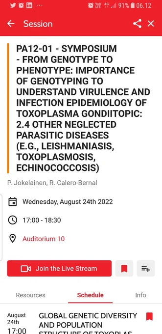 Screenshot of the title and time and location of the symposium, from the #ICOPA2022 app