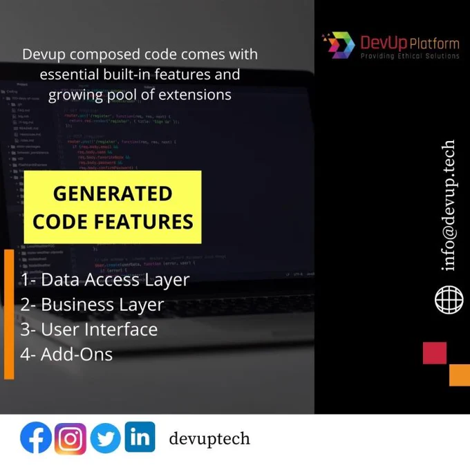 DevUp Platform transforms your data model and business requirements into a full-stack working application and all this is a matter of few seconds. It supports essential built-in features and growing pool of extensions that allows to exploit diverse ways to customize your experience.