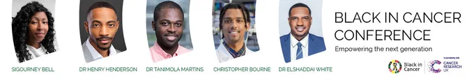 graphic with 5 faces of programme committee. TEXT: Sigourney Bell, Henry Henderson, Christopher Bourne, Tanimola Martins, Elshaddai White
