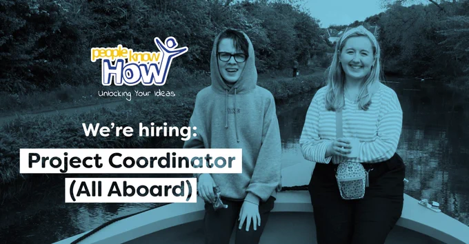 Two people sitting in a canal boat with text reading 'We're hiring Project Coordinator (All Aboard)'