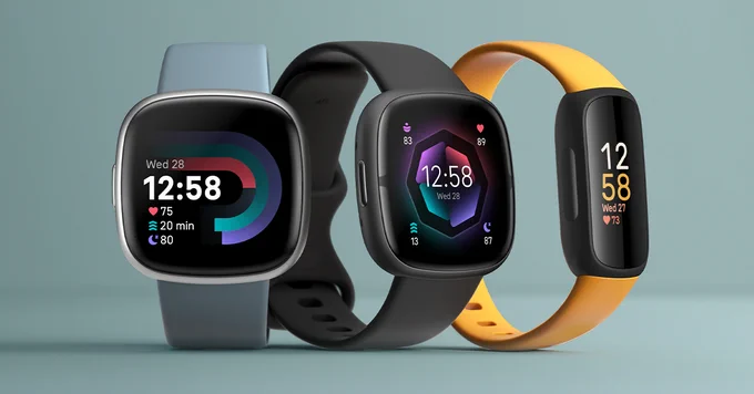 A photo shows three examples from Fitbit's latest new lineup of devices. One has a light gray watch band, one is darker gray, and one is vibrant yellow. 