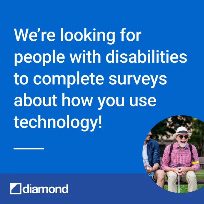Two people sitting on a park bench with one wearing shorts and the other wearing a hat, sunglasses, and holds a white cane. We’re looking for people with disabilities to complete surveys 