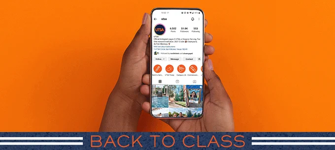 The UTSA Instagram profile is displayed on an iPhone. 