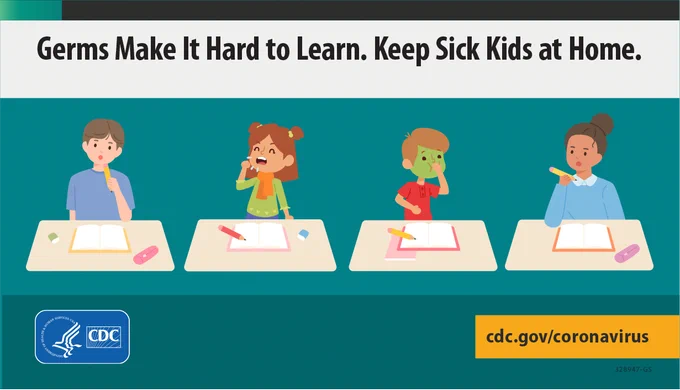A graphic illustration of four young children sitting at their desks in school. Two of the four children are sick. One has the urge to vomit and one has a cough. Image is branded with the CDC and HHS logo.