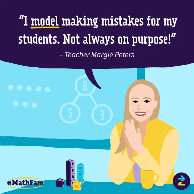 Illustration of a teacher with a quote. "I model making mistakes for my students. Not always on purpose!" - Teacher Margie Peters