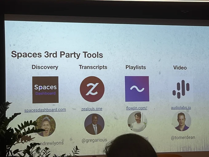 image is a slide featuring 4 third party tools for Twitter spaces - addressing discovery, transcripts, playlists, and video