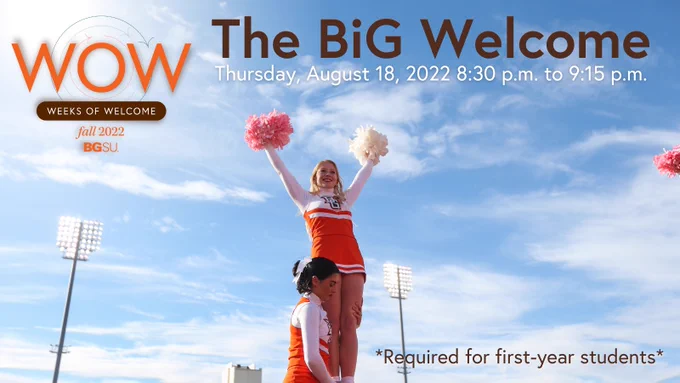 A BGSU cheerleader being held up with the text "The BiG Welcome."