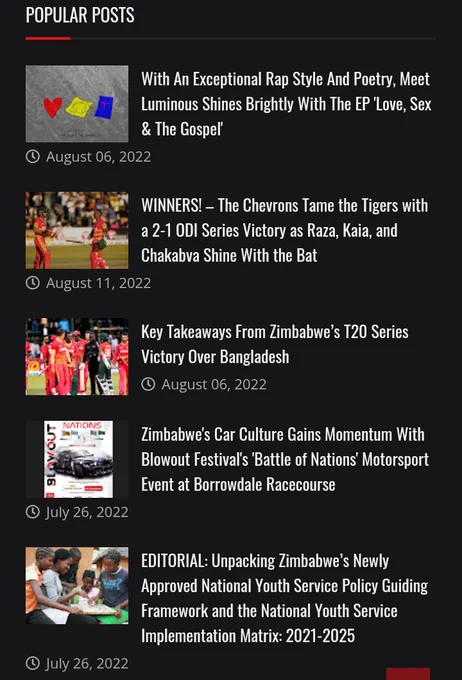 Popular/trending news articles on the Zimbabwean news/media blog site ZimSphere; Twitter updates on Zimbabwe news: Zimhiphop, Zimbabwe music and urban culture, Cricket, & Editorial commentary.