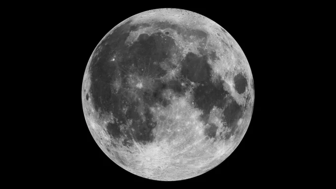 The Full Moon, with dark areas of regolith and bright craters.