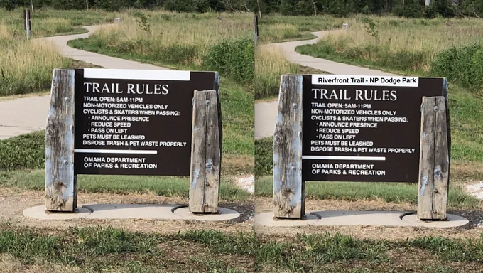 Two brown trail rules signs for Omaha Department of Parks and Recreation. One sign is generic, the second signs says 'Riverfront Trail-NP Dodge Park.'