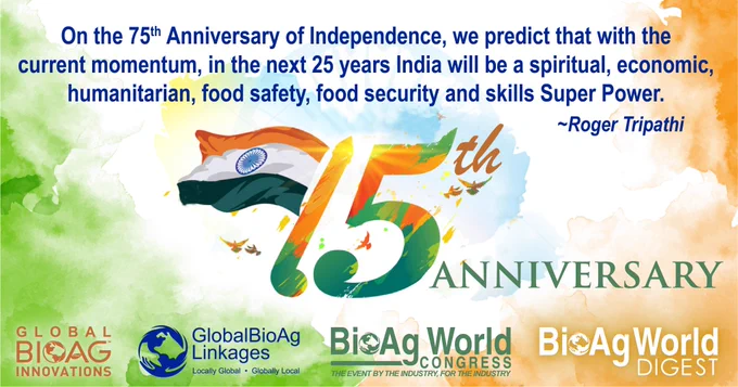 75th anniversary of India Independence logo, Global BioAg Linkages, Global BioAg Innovations, BioAg World Congress and BioAg World Digest logos. Green and orange cloudy backgrounds on the sides.