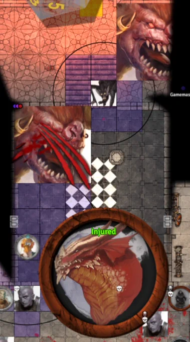 Online tabletop board showing a red dragon fighting huge demons in a tight hallway